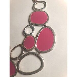 Vintage  16" Silver Tone Circle Pink Colored Necklace Statement Piece